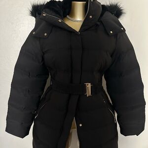 Zara Black Puffer Jacket with Fur Hood